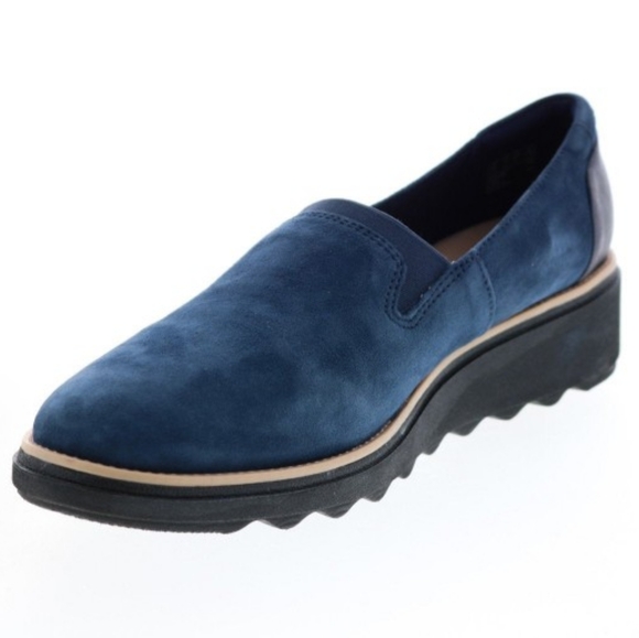 Clarks Wide Blue Genuine Suede Platform Wedge Loafers - Picture 1 of 10